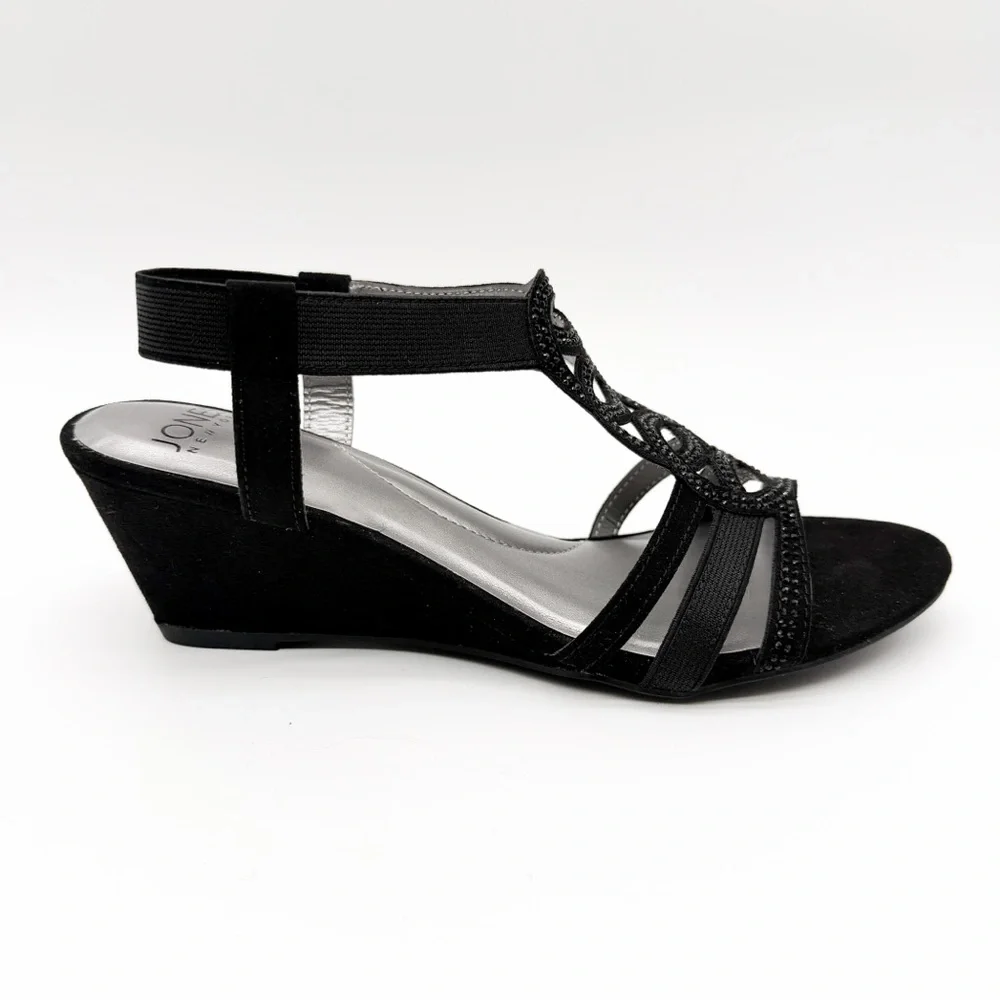 Jones New York Denice Embellished Strappy Wedge Sandal Elastic Ankle Black 8 NEW